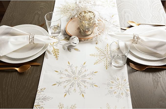 DII Holiday Dining Table Linen Sparkle Metallic Kitchen Décor, Table Runner, 14x108, Snowflakes Print