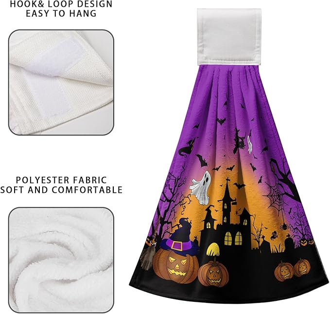 Halloween Pumpkin Hanging Kitchen Towels 2 Pcs Spooky Ghost Bat Hand Tie Towels Scary Night Dish Towel with Hanging Loop Soft Absorbent Washcloth for Bathroom Bathroom Home Decor