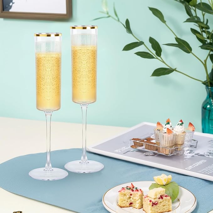Ciaell 24 Pack Plastic Champagne Flutes - 6Oz Gold Rim Disposable Champagne Glasses - Square Clear Plastic Toasting Glasses for Party Birthday Anniversary Wedding Christmas