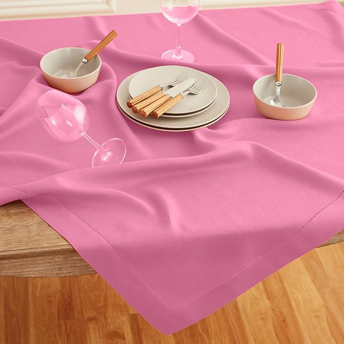 Solino Home Flamingo Pink Linen Tablecloth 60 x 132 Inch - Classic Hemstitch, 100% Pure Linen Rectangular Tablecloth - Machine Washable Table Cloth for Valentines