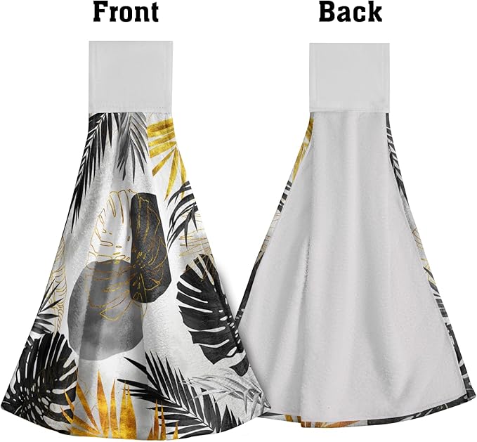 Giwawa Black and Gold Leaves Hanging Kitchen Towels 2 Pcs Tropical Palm Leaf Hand Towels Soft Tea Bar Dish Cloths Dry Towel for Bathroom Laundry