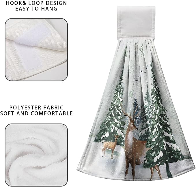 Winter Deer Hand Towels with Hanging Loop Pine Tree Snowflake Tie Towel 2Pcs Snow Hanging Kitchen Towels Decorative Tea Towel Soft Absorbent Washcloth for Home Bathroom Decor