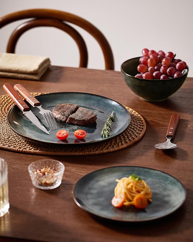 Famiware Ocean Round Plates and Bowls Set, 18 Pieces Dinnerware Sets, Dishes Set for 6, Reactive Glaze, Microwave and Dishwasher Safe, Scratch Resistant, Deep Forest