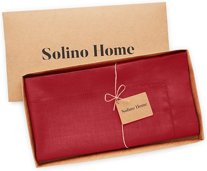 Solino Home Red Linen Tablecloth 52 x 52 Inch - 100% Pure Linen Square Table Throw - Classic Hemstitch, Machine Washable Table Cloth for Valentines, New Year
