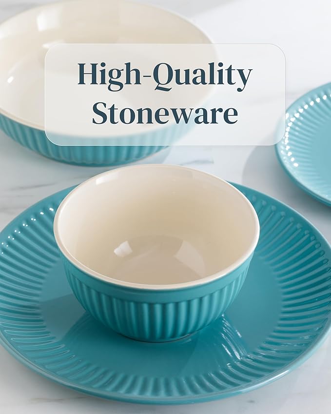 Stoneware Dinnerware Set for 8 People HYGGE 32-Piece - Elegant Scandi Design - Premium Dish Set - Bowl and Plate Set - Tableware for 8 People in a Ribbed Design - Pure Living in Green