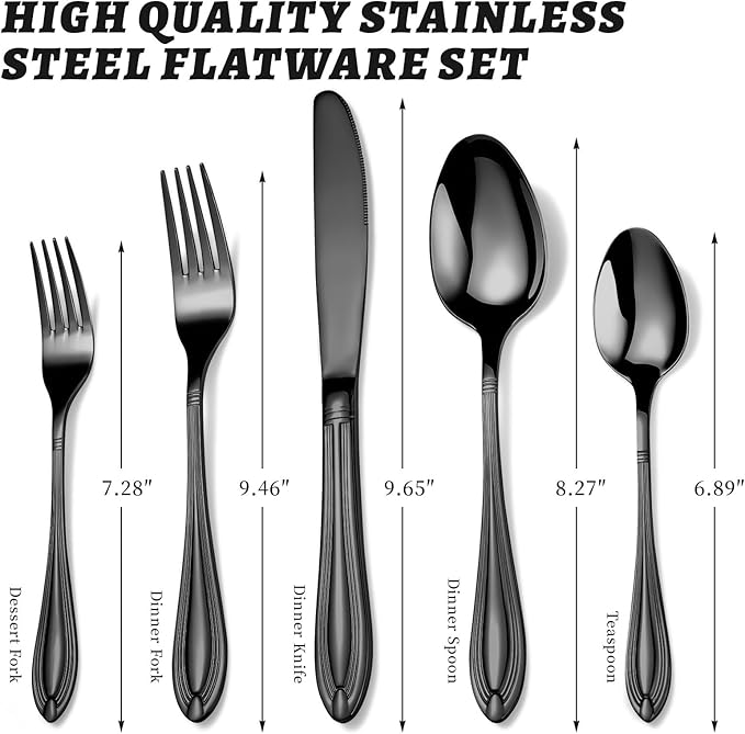 TIVOLI Silverware Set for 8, 40 Piece Heavy Duty Stainless Steel Flatware Utensils Cutlery Set Including Steak Knife Fork and Spoon, Dishwasher Safe, Gift Package for Wedding Housewarming (Black)