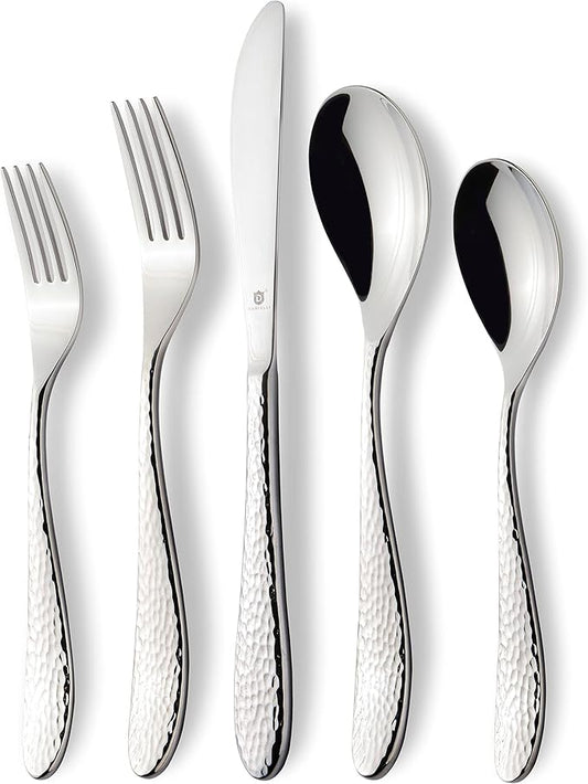 Silverware Set for 16 | 18/10 Stainless Steel Flatware Set | Mirror Finish, Heavy-Duty, Dishwasher Safe, Elegant & Durable, Built to Last (80-Piece, Marettimo Hammered)