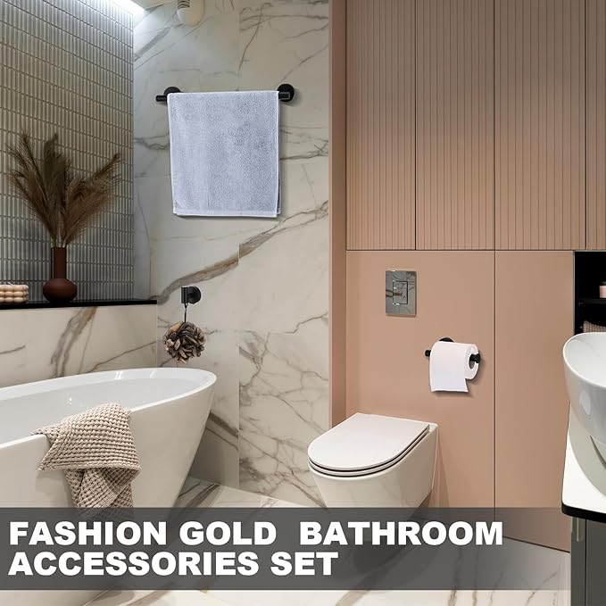 Gisafai 25 Pcs Bathroom Hardware Set, 23.6 Inch Brushed Towel Bar Ring Toilet Paper Holder Robe Towel Hook, SUS304 Stainless Steel Bathroom Accessory Set Wall Mounted (Black)