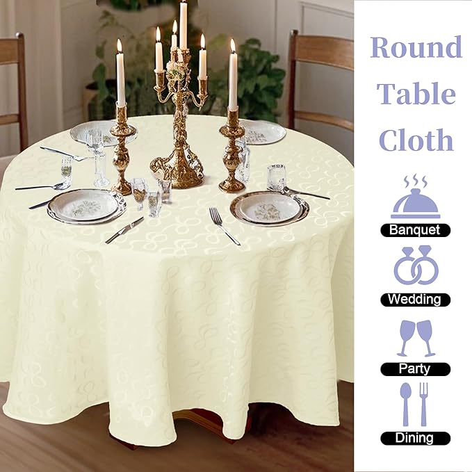 Cream Round Tablecloth 70 Inch (4-6 Seat) - Cotton Polyester, Wrinkle/Fade Resistant, Reusable - Luxury Jacquard Table Cloth - 1PC Circle Table Cover for Dining, Wedding & Birthday Party, Cream Bows