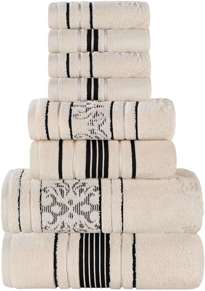 Superior Cotton 8 Piece Assorted Floral Towel Set, Includes 2 Bath, 2 Hand, 4 Washcloth/Face Towels, Quick Dry, Home Essentials, Shower, Spa, Luxury Plush Soft Absorbent Towels, Zero Twist, Ivory