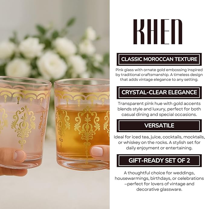 Khen Pink Moroccan Tumbler Glassware | Set of 2 | Gold Ornate Vintage Decorative Drinking Cups, Retro Bohemian Pattern Barware for Water, Whiskey, Cocktail, Iced Tea, Durable Embossed Home Drinkware