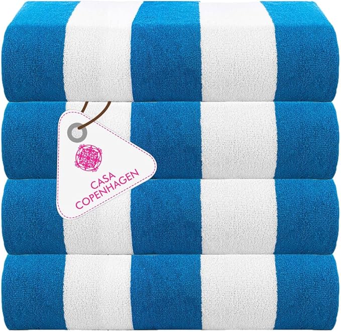 CASA COPENHAGEN Cabana Towel Designed in Denmark Rough and Tough, Quick Dry, Beach, Pool, Bath & Shower 30x60 inches 4 Pieces Cotton Beach Bath Towels Set - Turquoise