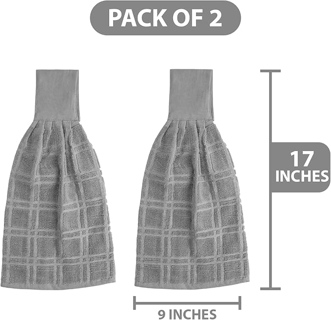 Blue Needles Hanging Kitchen Towels - Grey 100% Cotton Solid Kitchen Tie Towel, Set of 2 Hand Dish Cloth with Hanging Loops 9 x 17 Inches, Absorbent, Super Soft, and Fast Drying Home Essential