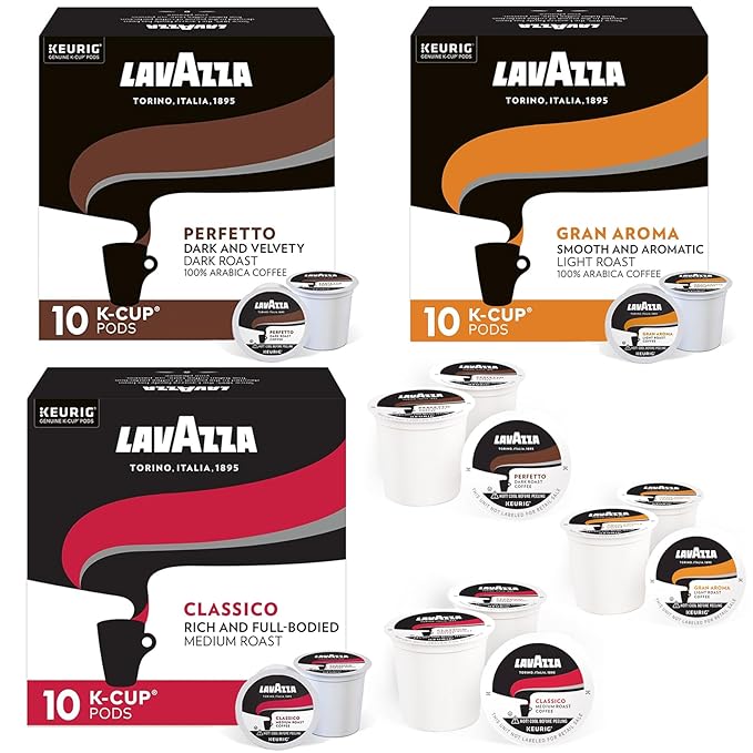 Lavazza K-Cups Coffee Pods Variety Pack – 30 Count (10 Each) – Classico, Perfetto & Gran Aroma – 100% Arabica Espresso – Light, Medium & Dark Roast – Compatible with Keurig Single Serve Brewers