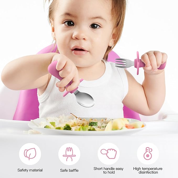 2 Pieces Toddler Utensils Forks and spoons set, Stainless Steel Childrens Silverware for Safe flatware Metal Kids Cutlery set with Round Handle, BPA Free, Anti-Choke Design (Pink)