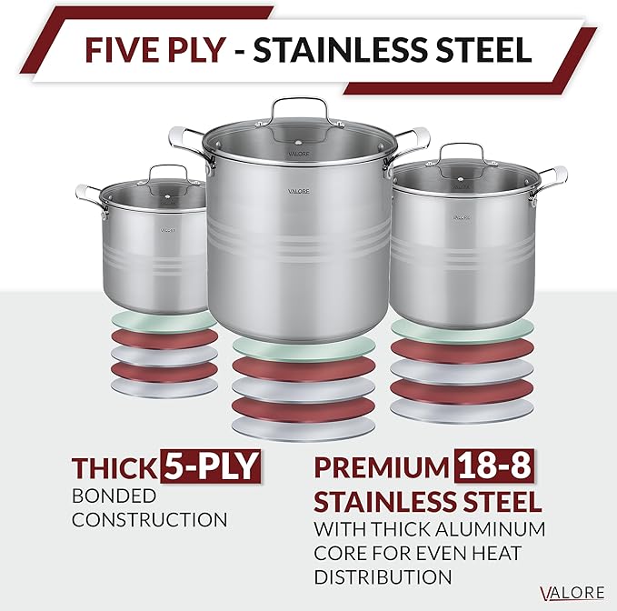 Valore 3 pc Stainless Steel Stock Pot Set - 12, 16 & 24 qt - 5-ply Canning Pots with Brushed Stainless Finish & Riveted Handles - Canning Supplies Compatible with All Cooktops