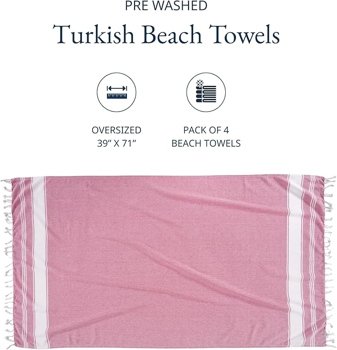 LANE LINEN Beach Towel Set of 4, Turkish Beach Towel Set, Pre-Washed Pool Towels, Quick Dry Travel Beach Towel, Extra Large Beach Towels Oversized, 39"x71" - Cashmere Rose