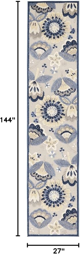 Nourison Aloha Indoor/Outdoor Blue/Grey 2'3" x 12' Area -rug, Easy -cleaning, Non Shedding, Bed Room, Living Room, Dining Room, Backyard, Deck, Patio (2x12)