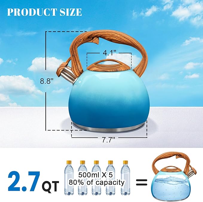 GGC Tea Kettle for Stove Top, 3.1QT/3L Whistling Tea Kettles for Boiling Water Coffee or Milk, Gradient Blue Tea Pot with Wood Parttern Handle, Stainless Steel Tea Pots for Home and Kitchen
