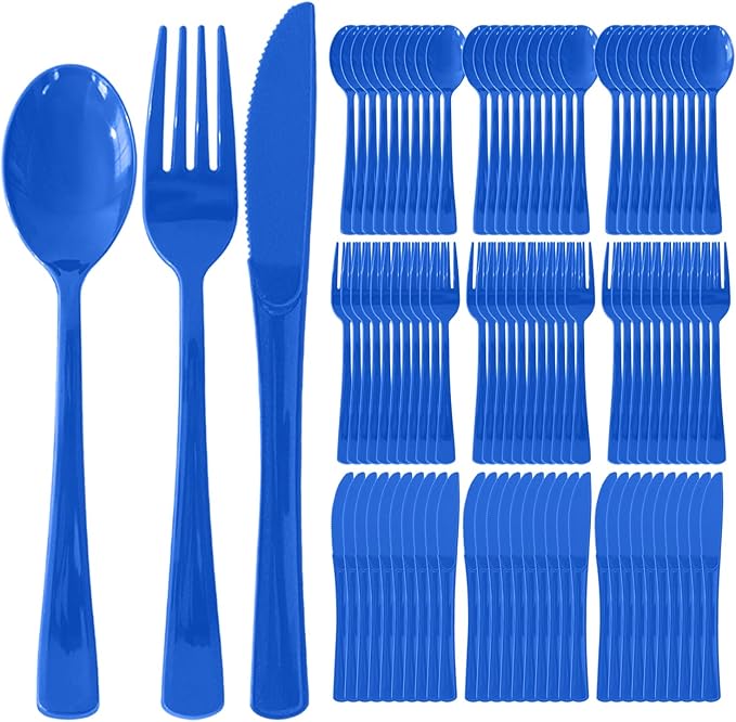 150 Pack Disposable Plastic Silverware, Heavy Duty Blue Plastic Cutlery Set Includes 50 Forks 50 Knives 50 Spoons for Birthday Wedding Party Picnics (150, Blue)