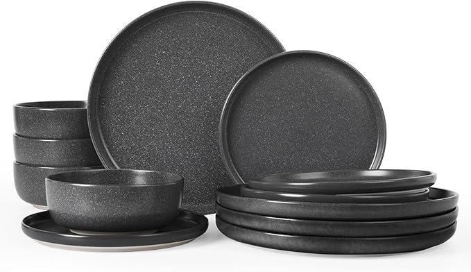 Famiware Milkyway Plates and Bowls Sets, 12 Pieces Dinnerware Sets, Reactive Glaze Dish Set, Stoneware Dishes Set for 4, Matte Dark Charcoal