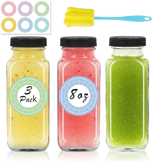 3 pack 8 oz Glass Juice Bottles with Lids, 250 ml Reusable Glass Water Bottles, Empty Drink Containers Drinking Jars with Brush, for Milk, Juicing, Kombucha, Ginger