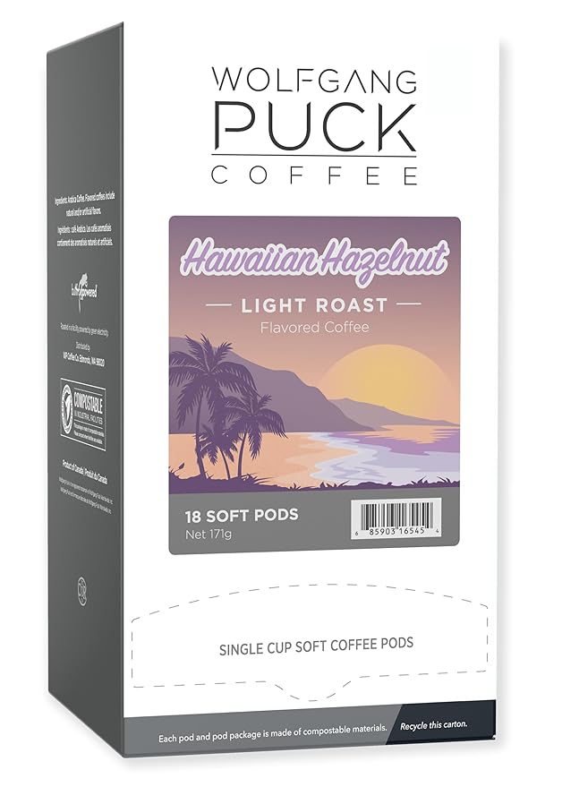 Wolfgang Puck Coffee, Hawaiian Hazelnut, 9.5 Gram Soft Pods, 18 Count (Pack of 1)