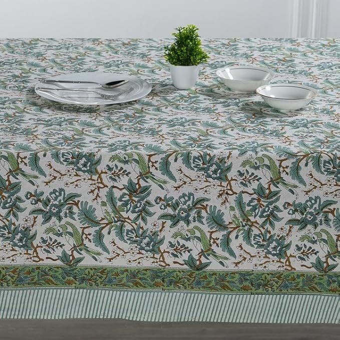 Ridhi Sage and Russian Green Hand Block Print Cotton Rectangle Tablecloth 190" x 72" inches Reusable Table Cover Decorative Everyday Use for Dining, Farmhouse, Home, Party, Festive, Wedding, Fall