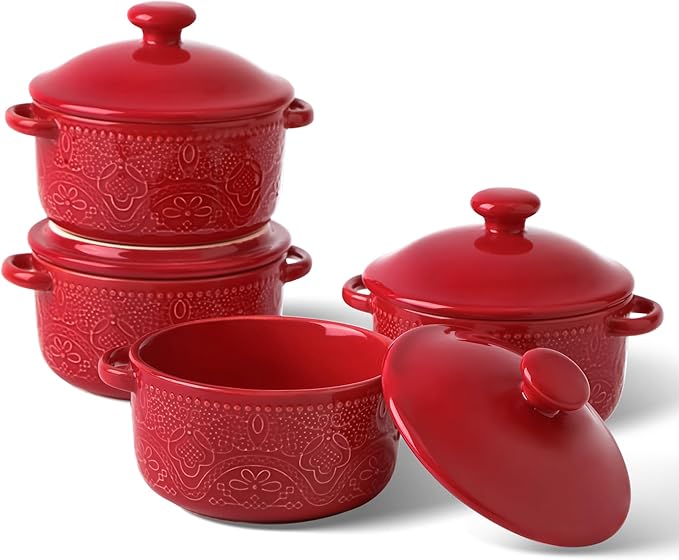 Mini Cocotte Set, 10 OZ Small Casserole Dishes with Lids, Ceramic Kitchen Casserole Sets With Handles, French Onion Soup Bowls, Soup Crocks for French Onion, Desserts, Beef Stew, Cereal, Pot Pies, Set of 4 (Red)