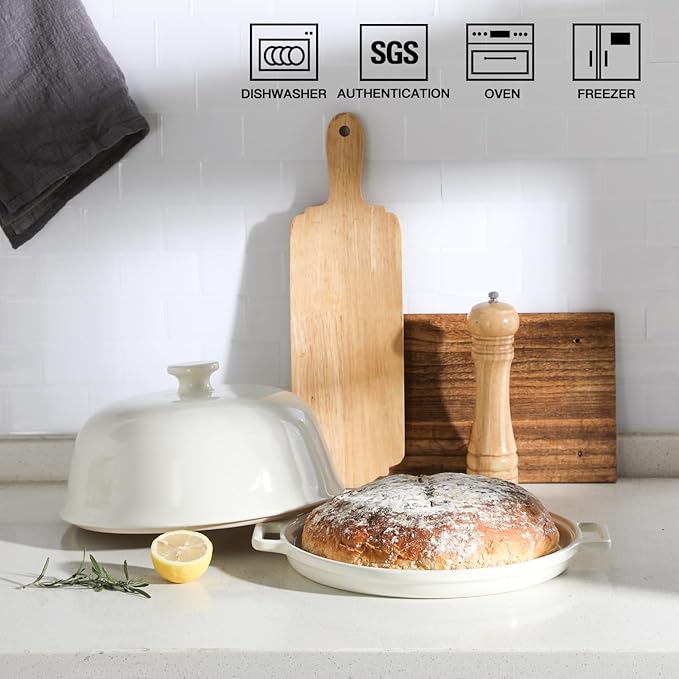 Sweejar Ceramic Bread Oven with Lid, Large Sourdough Bread Baking Pan with Handle, 5QT Porcelain Round Bread Cloche For Baking, Cooking, Roasting (Beige)