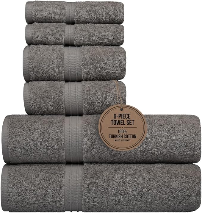 6 Piece Bath Towel Set - Thick & Soft - 100% Turkish Cotton, Fluffy and Absorbent, Includes 2 Bath Towels (28" x 56"), 2 Bathroom Hand Towels (16"x28") and 2 Wash Cloths (12"x12") - Gray