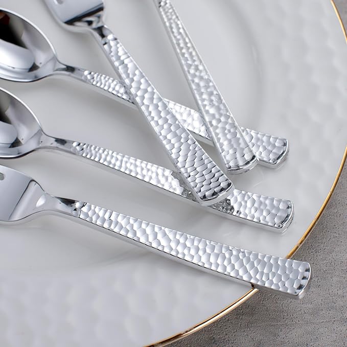 KIRE 400PCS Silver Plastic Forks and Spoons Disposable-Heavy Duty Plastic Silverware Set Silver Spoons and Forks-200 Forks and Spoon for Parties/Birthday/Wedding for Christmas