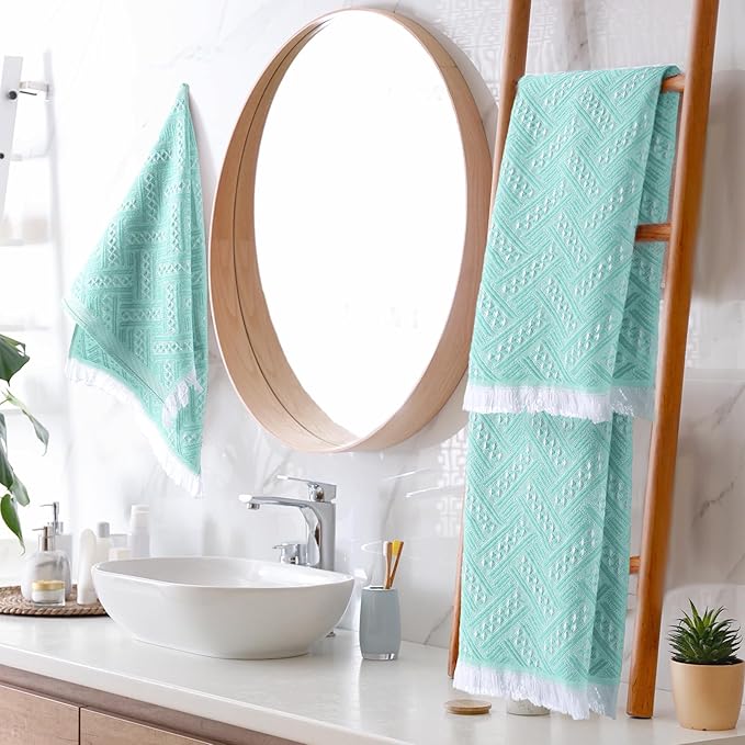 4 Pack Boho Bathroom Hand Towel 14 x 30 Inch 100% Turkish Cotton Decorative Boho Kitchen Hand Towel Farmhouse Bathroom Decor Set Absorbent Soft Guest Tea Gift (Aqua,White)