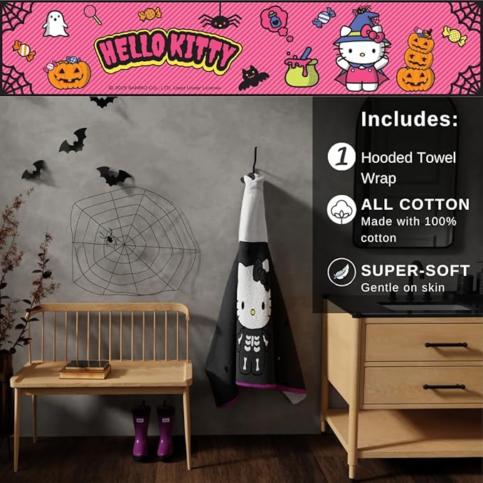 Sanrio Hello Kitty Skeleton Halloween Kids Super Soft Bath/Pool/Beach Soft Cotton Terry Hooded Towel Wrap, 24 in x 50 in, (Officially Licensed Product) by Franco