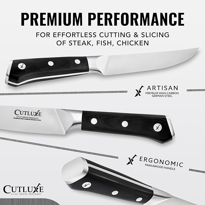 Cutluxe Steak Knives Set of 4, Straight Edge Steak Knife Set – Forged High Carbon German Steel, Full Tang, Ergonomic Handle Design – Artisan Series