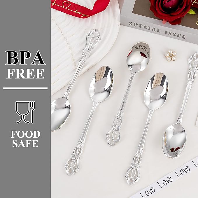 75PCS Silver Plastic Spoons - Silver Spoons Disposable - 8.1 Inch Heavy Duty Plastic Silverware - Heavyweight Elegant Disposable Utensils for Catering, Parties, Dinners, Weddings