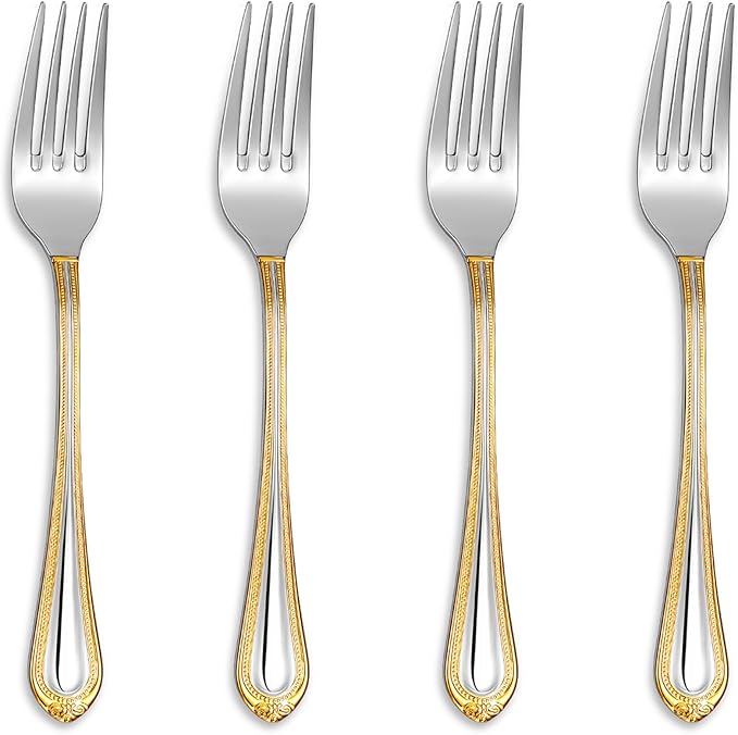 KEAWELL Pearl Edge 4-Piece Premium Fork Set, 18/10 Stainless Steel, Fine Silverware Forks with Mirror Finish and Exquisite Craftsmanship, Gold Accent, Dishwasher Safe (4, 7.3" Salad Forks)