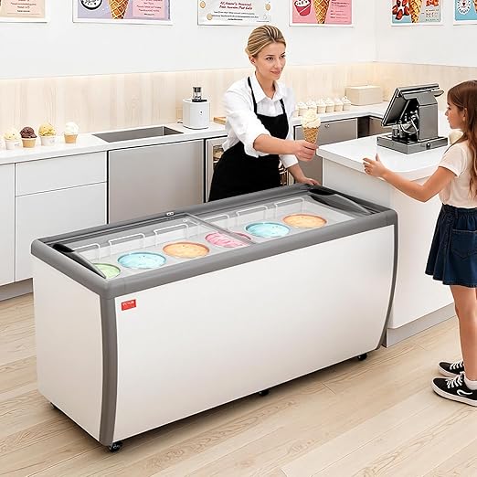 VEVOR Commercial Ice Cream Display Case, 20 Cu.ft Chest Freezer, Restaurant Gelato Dipping Cabinet Top Deep Freezer with Locking Casters, Sliding Glass Door, LED Lighting, Hold 12 Ice Cream Tubs