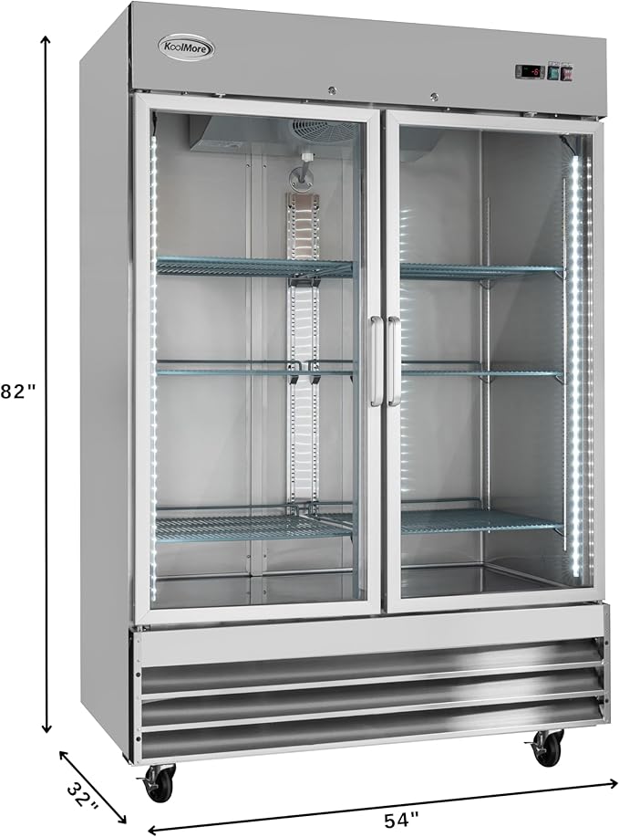 KoolMore Commercial Stainless-Steel Upright Freezer with Reach-In Self-Close Glass Doors, 6 Storage Shelves, Heavy-Duty Caster Wheels, Frost-Free Temperature Control - 47 Cu.Ft [Silver] (RIF-2D-GD)