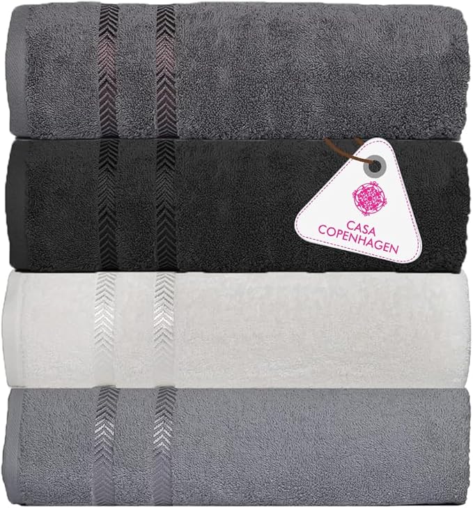 CASA COPENHAGEN Ember, 500 GSM, 27x55 Inches Large Bath Towels, Set of 4 Towels, Super Soft and Absorbent, Egyptian Cotton Towels for Bathroom & Shower - Light Grey +White +Black +Dark Grey