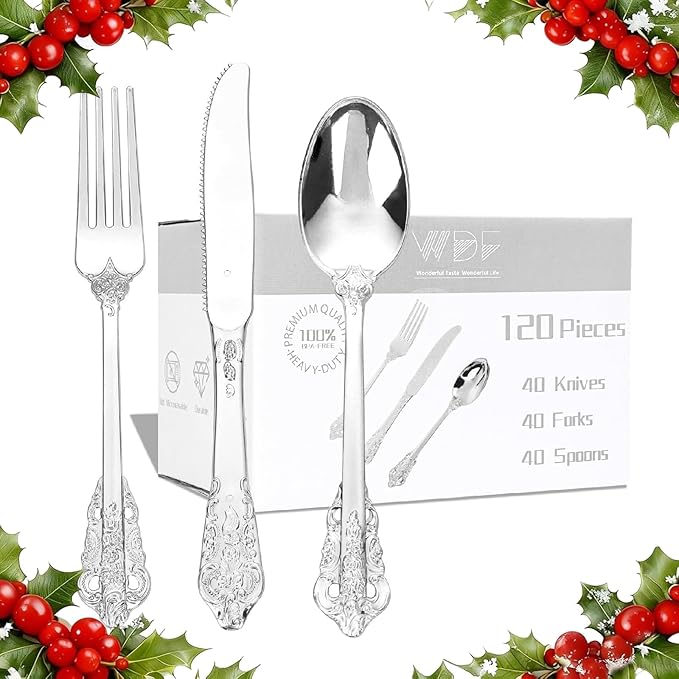 WDF 120PCS Silver Plastic Silverware - Heavy Duty Silver Plastic Cutlery Set - 40 Forks, 40 Spoons, 40 Knives, Perfect for Christmas Parties/Weeding
