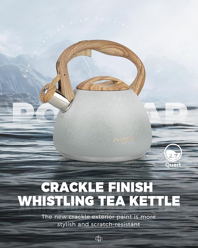 POLIVIAR Tea Kettle, 2.7 Quart Stovetop Tea Kettle, Audible Whistling Teapot with Crackle Finish, Food Grade Stainless Steel for Anti-Rust, Anti Hot Handle, Suitable for All Heat Sources (JX2023-LYW)