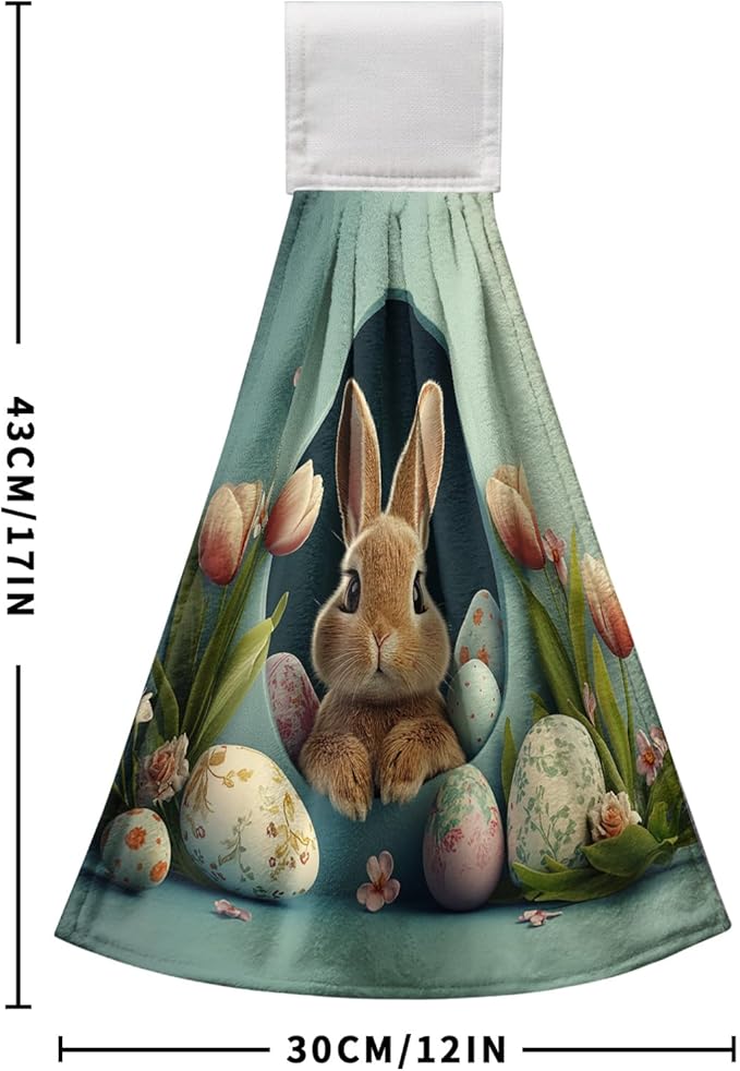 Easter Bunny Hanging Kitchen Towels 2 Pcs Easter Rabbit Eggshell Dish Tie Towels Spring Tulip Flowers Hand Towel with Hanging Loop for Bathroom Soft Home Kitchen Decor
