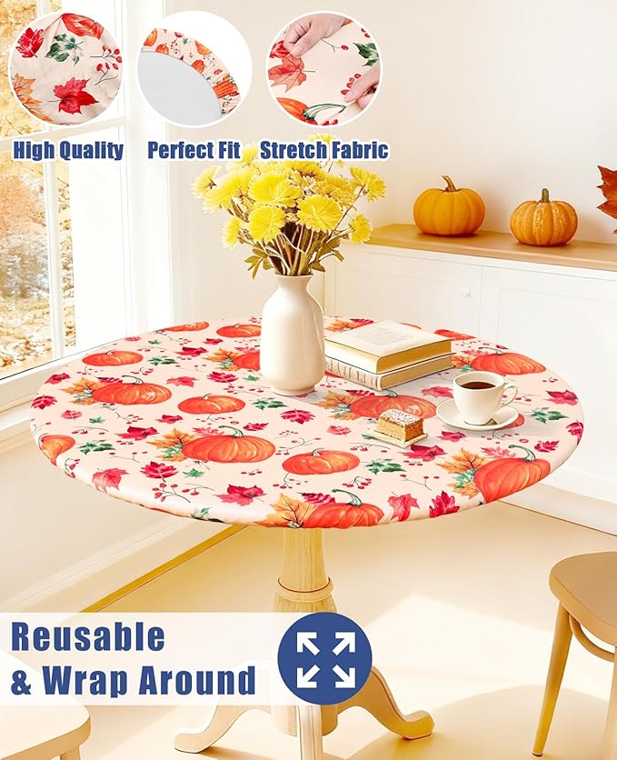 Round Spandex Thanksgiving Tablecloth, Elastic Fitted Waterproof Tablecloths for 57"-68" Tables, Stretch Washable Picnic Table Cover for Autumn Harvest Partiesr, Pumpkin Leaf