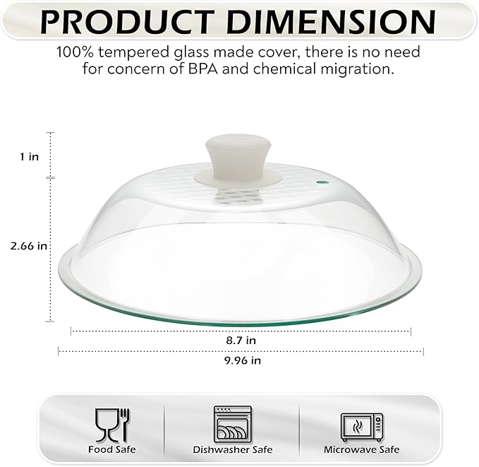OEC Lighter Weight Tempered Glass Microwave Splatter Cover - 10 inch - Heat-Resistant & Impact-Resistant, Reinforced Glass Lid with Vent, Silicone Knob, Dishwasher Safe, 100% Food Grade - BPA Free