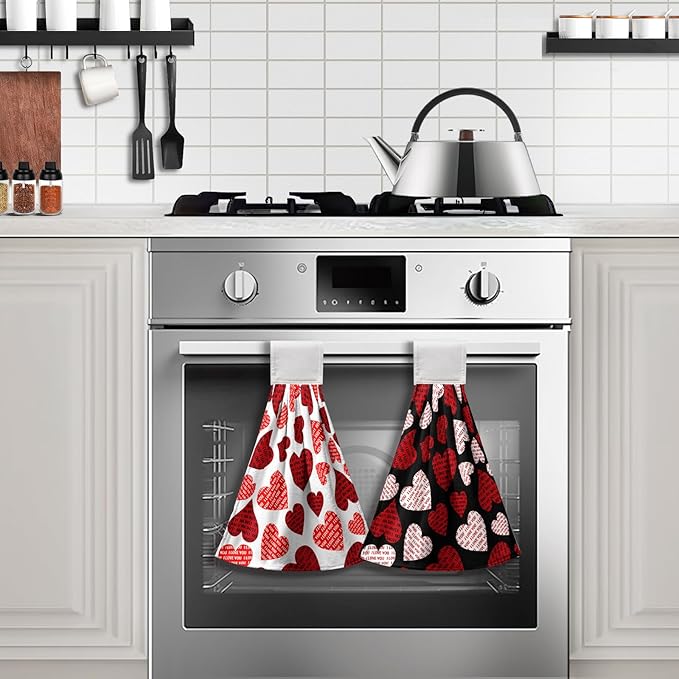 Valentines Day Hand Tie Towel I Love You Heart Hanging Kitchen Towels White Black Valnetine's Love Dish Tea Towels with Hanging Loop Absorbent Practical Bathroom Kitchen Decor