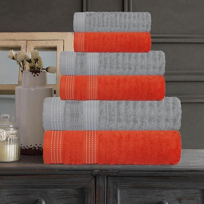 CASA COPENHAGEN Elegance 6 Pieces Towel Set- Orange + Grey Violet, 550 GSM 2 Bath Towel 2 Hand Towel 2 Washcloth, Designed in Denmark Made of Soft Egyptian Cotton for Bathroom, Kitchen & Shower
