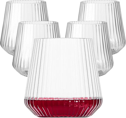 20 Pack Plastic Ribbed Wine Glasses, 14Oz Origami Disposable Wine Glasses Unbreakable Clear Plastic Cocktail Glasses Recyclable Shatterproof Reusable Wine Cups (14oz-20pack)