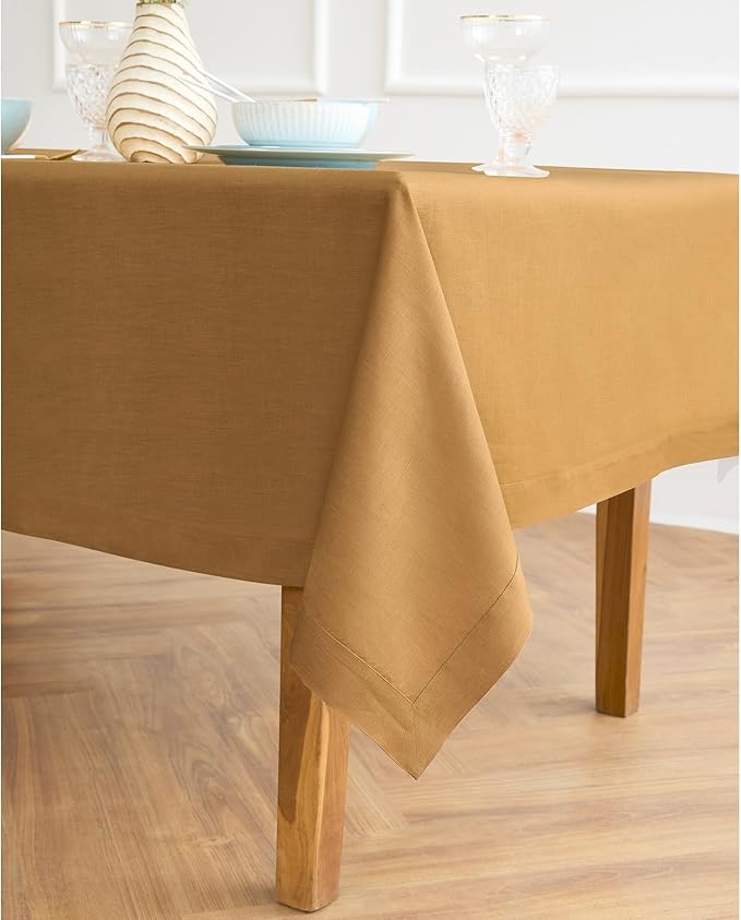 Solino Home Linen Tablecloth for Rectangle Tables 60 x 108 Inch - 100% Pure Linen Caramel Table Cloth - Fete, Machine Washable Cloth Tablecloth