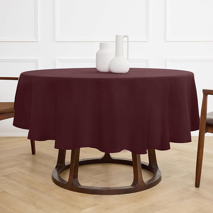 Solino Home Linen 60 Inch Round Tablecloth - 100% Pure Linen Burgundy Round Tablecloth - Machine Washable Table Cloth for Christmas, New Year - Sonoma